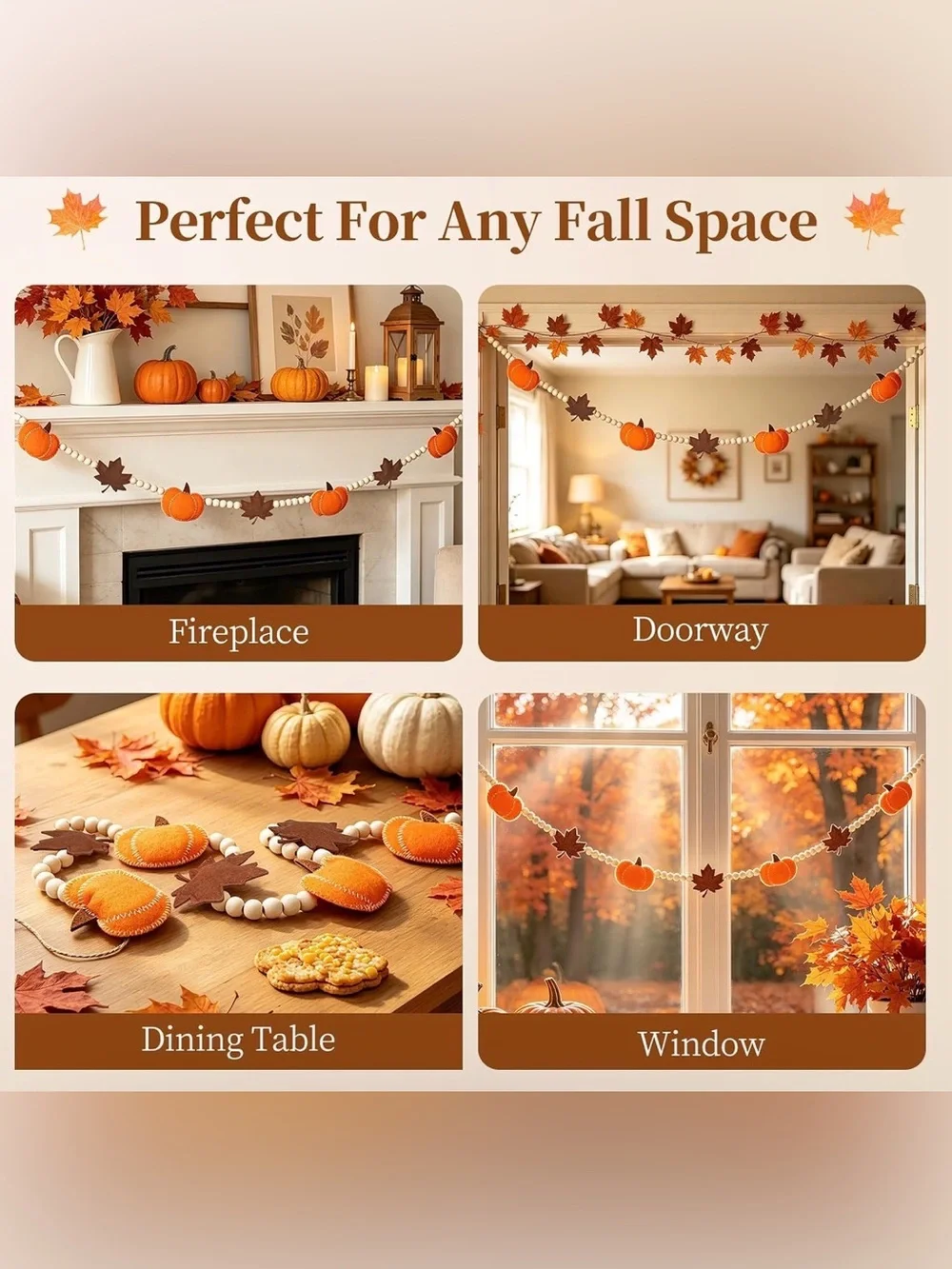 NWT 6.8 FT Fall Pumpkin Garland with Maple Leaves and Wood Beads